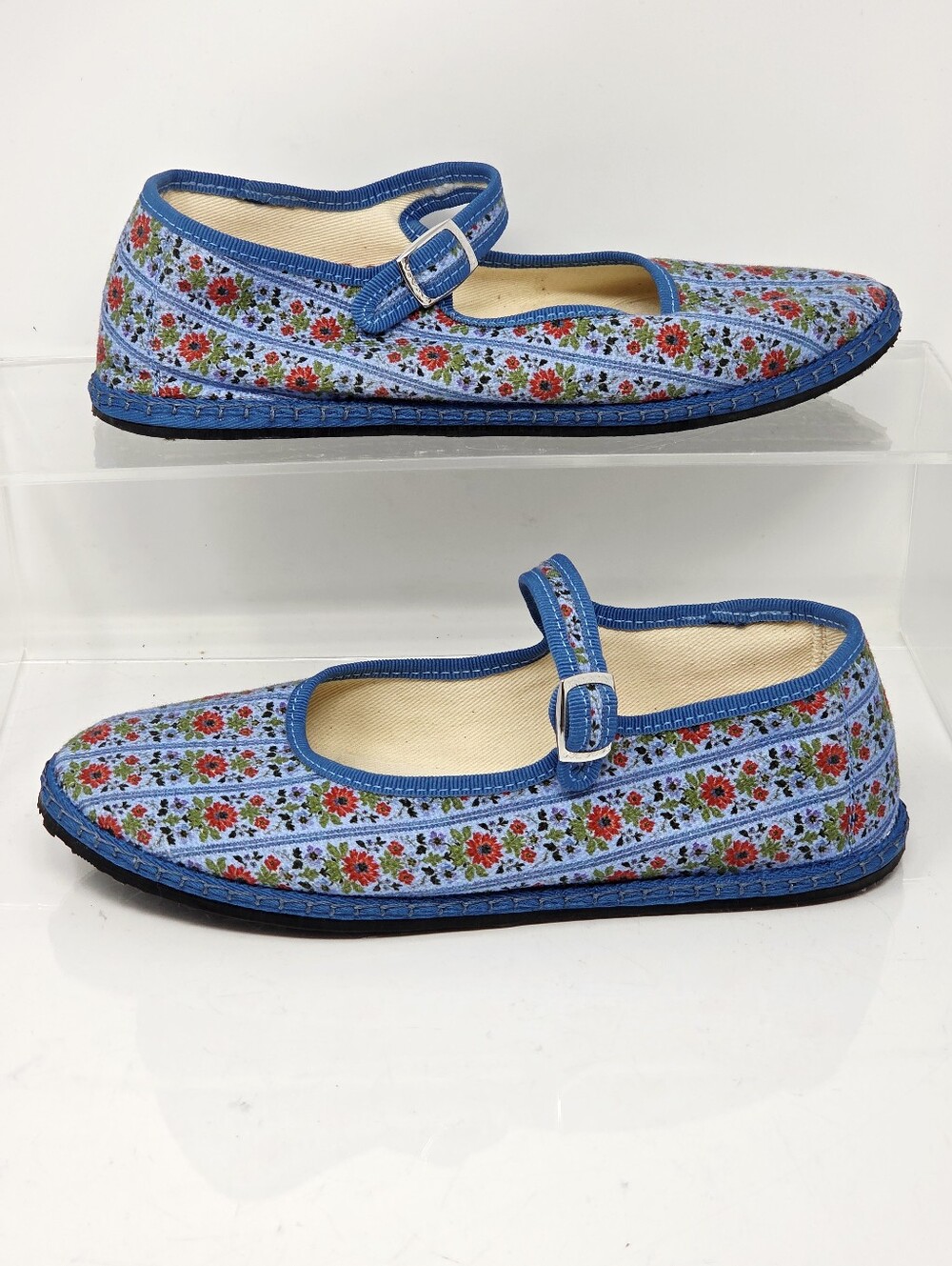 The Hill House x Vibi Venezia Mary Jane Flats Blue Floral Block Strip Womens 6 - Picture 2 of 10